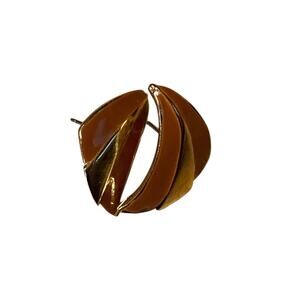 Vintage 1980's Gold Tone and Brown Enamel Pierced Earrings Modern Artist